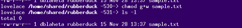 chmod g+w sample.txt; ls -l